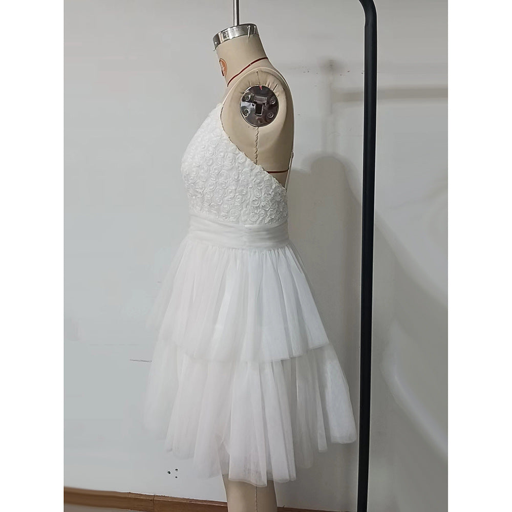 White Mesh Camisole Short Evening Dress