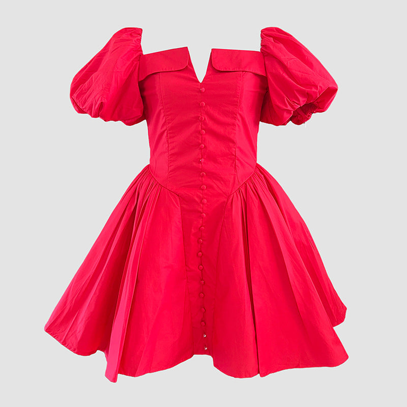 French Collarless Sleeve High Waist Dress
