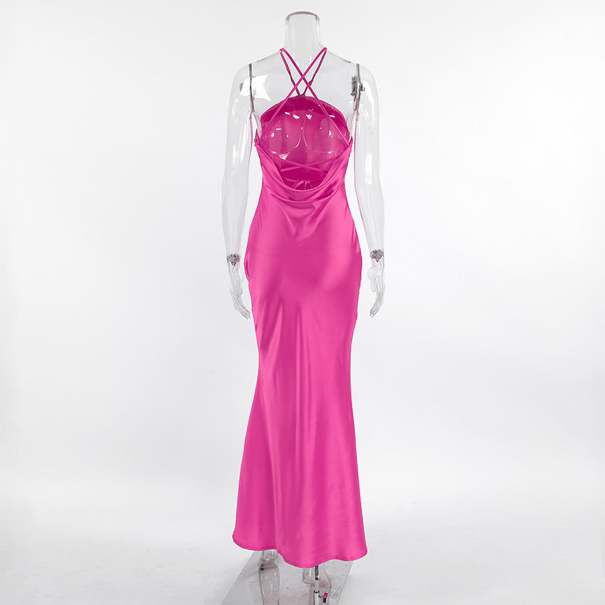 Sleeveless Halter Maxi Satin Dress
