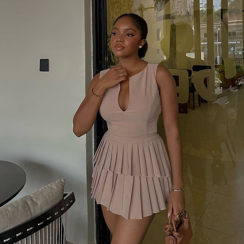 Sweet V Neck High Waist Pleated A line Short Dress