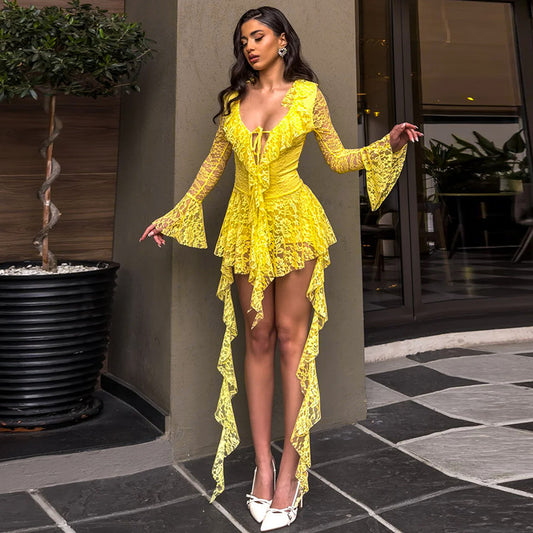 Lotus Leaf Long Sleeve Short Dress