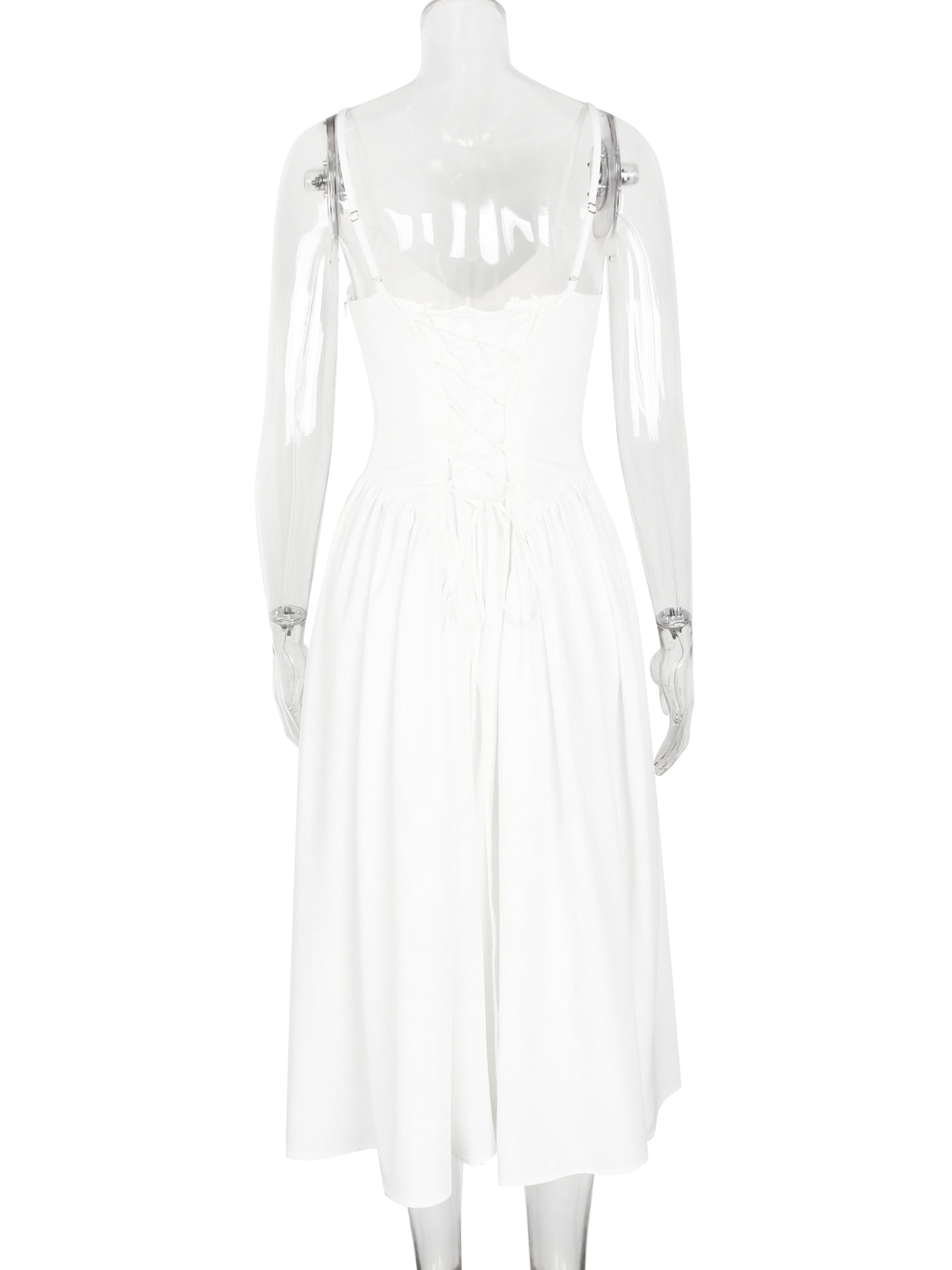 V neck Strap Backless White Dress