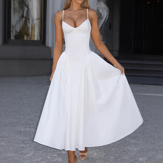 V neck Strap Backless White Dress