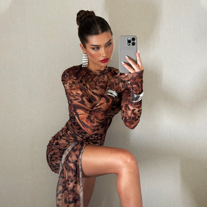Crew Neck Long Sleeve Tiger Stripe Lace up Dress