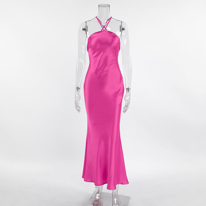 Sleeveless Halter Maxi Satin Dress
