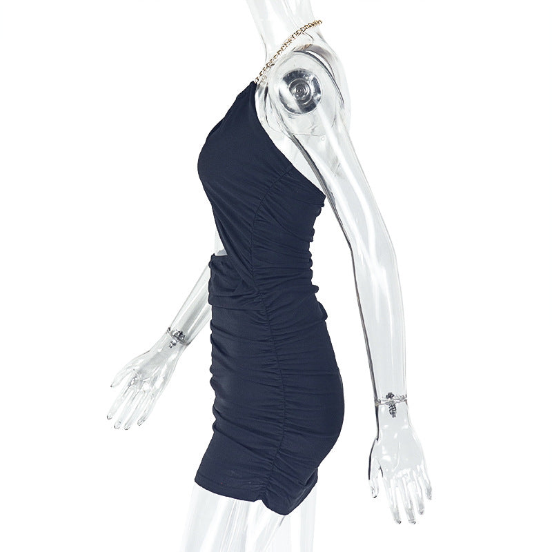 Pleated Hip Backless Halter Dress