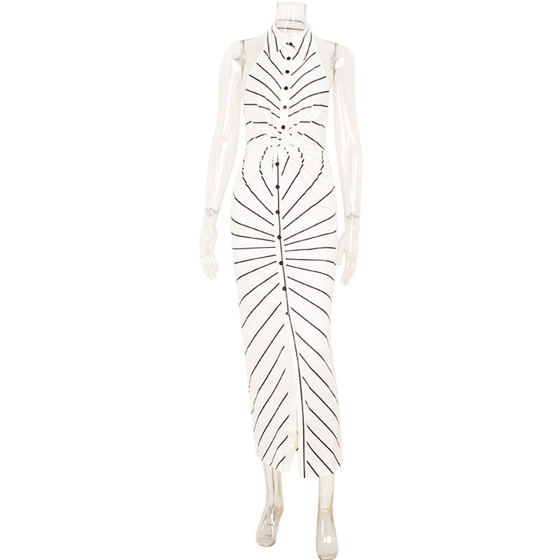 Striped Print V neck Halter Twist Fitted Waist Backless Formal Dress
