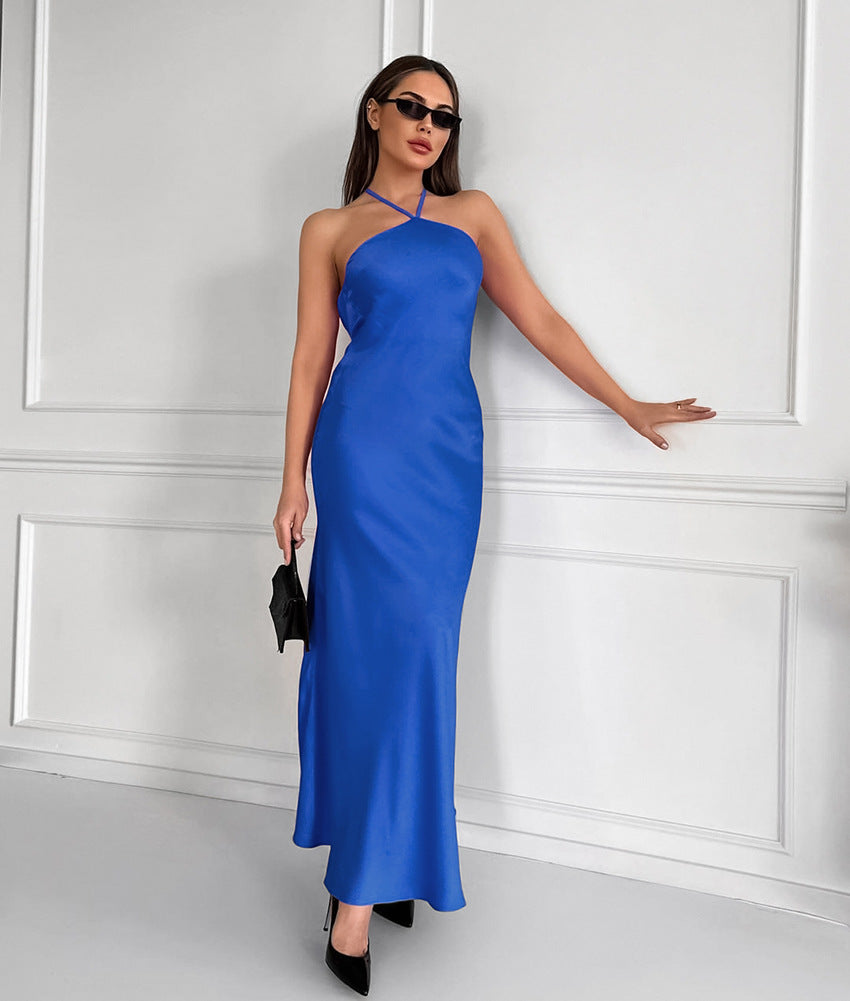 Sleeveless Halter Maxi Satin Dress