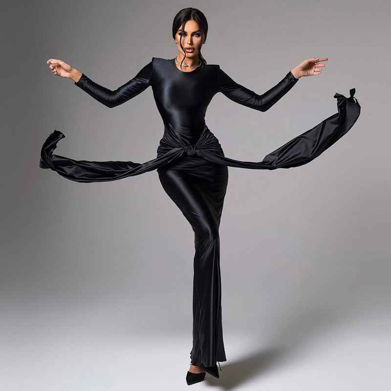 Long Sleeve Tied Waist  Maxi Dress
