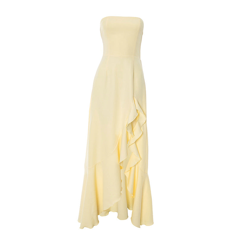 Tube Top Backless Lace up Ruffled Dress