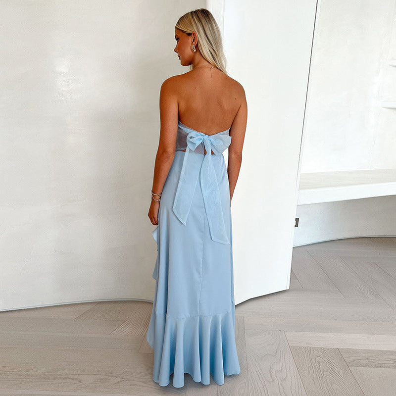 Tube Top Backless Lace up Ruffled Dress