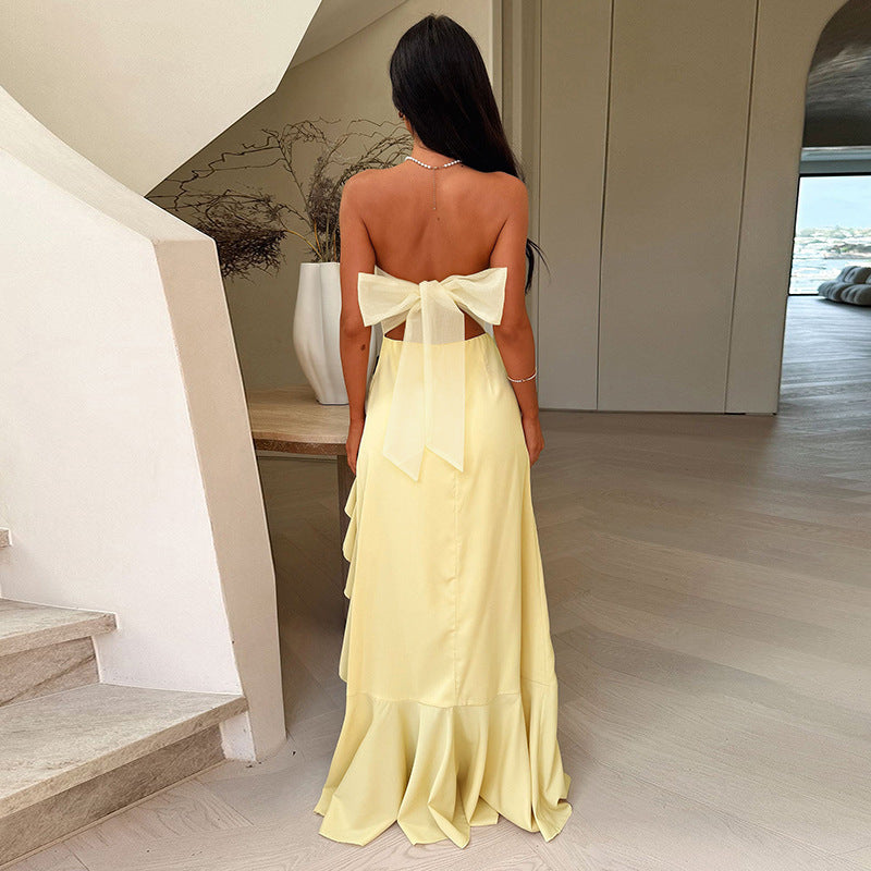 Tube Top Backless Lace up Ruffled Dress