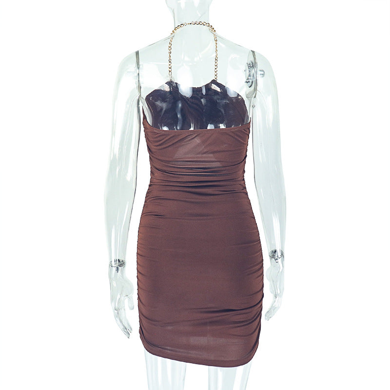Pleated Hip Backless Halter Dress